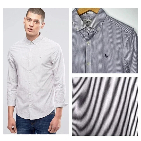 Original Penguin Heritage Slim Fit Purple Pinstripe Button Down Shirt Small - Picture 1 of 10